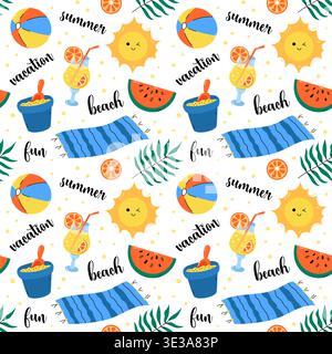 Beach seamless pattern with beach elements. Cute summer doodle background with sun, watermelon, cocktail, palm leaves and words vacation, fun, beach. Stock Vector