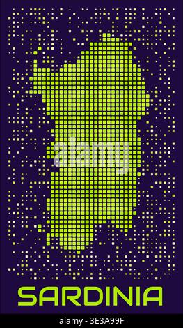 Sardinia dots map. Italy. Digital style shape of the island. Sardinia map and title lime colored square dots with round corners. Stock Vector