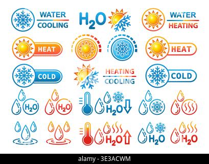 Water ho, cold, H2O heating cooling temperature regulation, liquid freeze, humidity level. Sun, snow climate control sign. Warm summer, winter weather Stock Vector
