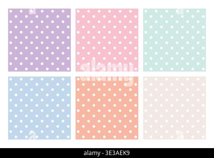 Pastel dots grace soft, uniform backgrounds. Each square holds a gentle, repeating pattern. Colors whisper calmness-mint, rose, sky, amber, lavender, Stock Vector