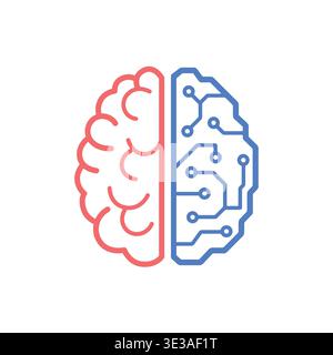 Minimal line icon of human brain and artificial intelligence concept split brain symbol representing comparison between technology and human thinking Stock Vector