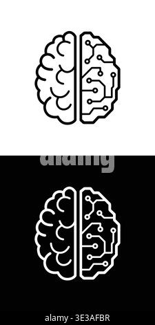 Minimal line icon of human brain and artificial intelligence concept split brain symbol representing comparison between technology and human thinking Stock Vector