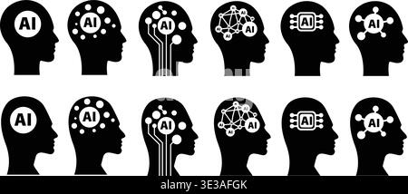 Human head ai brain vector illustration solid black artificial intelligence neural network mind icon for technology futuristic concept Stock Vector