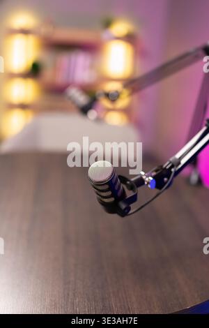 Closeup view condenser microphone for podcast recording in studio Stock Photo