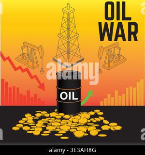 Oil War Concept With Barrel, Falling Prices and Rising Demand Impacting Global Economy and Energy Markets Stock Vector