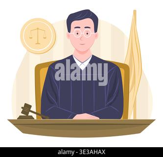 Judge Man Sits in Courtroom with Gavel to Decide the Case for Judgment, Law and Legal Career Concept Illustration Clip Art Stock Vector