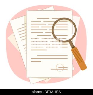 Handheld Magnifier with Document Sheet Papers for Inspection and Research Concept Illustration Clip Art Stock Vector