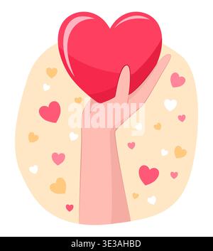 Human Hand Holding Up the Heart Shape for Love Affection and Valentine's Day Concept Illustration Clip Art Stock Vector