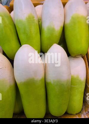 Fresh White Radish Displayed In Box At Market Stock Photo