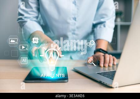 Office worker using tablet and laptop with glowing AI agents interface, symbolizing mobile automation, intelligent workflow, digital productivity, sma Stock Photo
