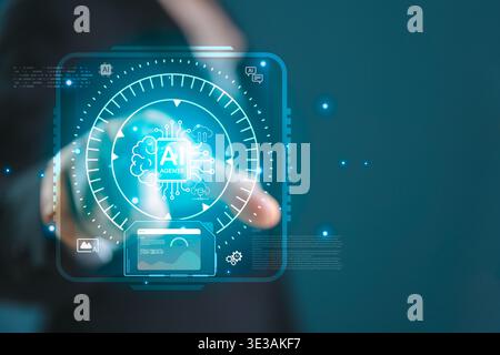 Finger touching a futuristic AI agents dashboard with chip, radar and analytics display, representing intelligent automation, data monitoring, smart s Stock Photo
