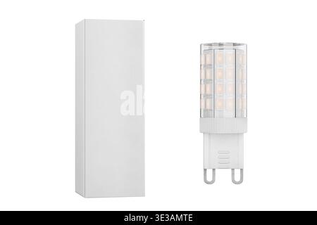Mockup of an LED bulb with a G9 base. An LED bulb with a G9 base and a clear polycarbonate cap in a white box or packaging. Isolated on a white or tra Stock Photo