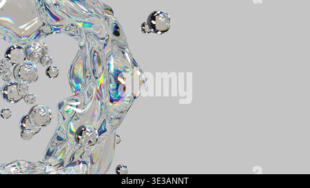 3D liquid splash with iridescent glass bubbles. Stock Photo