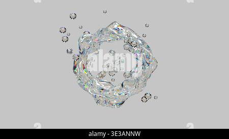 3D liquid splash with iridescent glass bubbles. Stock Photo