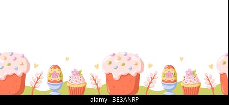 Seamless Easter dessert horizontal pattern with cake, cupcake and decorated egg. Cartoon vector illustration on white background. Stock Vector