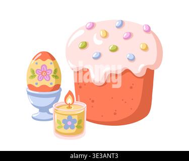 Easter cake with decorated egg and candle spring holiday composition. Cartoon vector illustration on white background Stock Vector