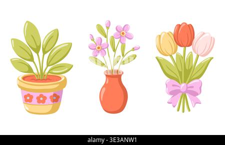 Spring flowers set with tulips, bouquet and potted plant. Cartoon vector illustration on white background Stock Vector