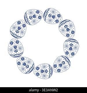 Easter eggs round frame in Scandinavian folk blue line art style. Vector isolated illustration on white background Stock Vector