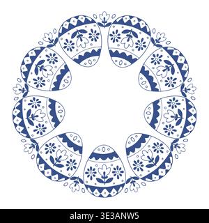 Decorated Easter eggs round frame with floral accents in Scandinavian blue line art style. Vector isolated illustration on white background. Stock Vector