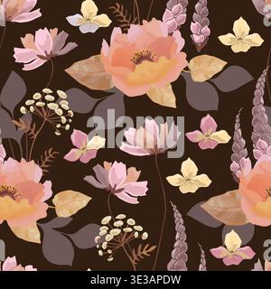 Vector floral seamless pattern with pink and yellow flowers Stock Vector