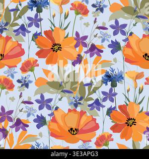 Vector seamless floral pattern with hand drawn flowers Stock Vector
