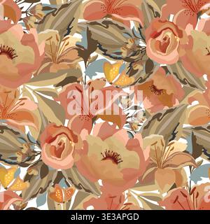 Vector seamless floral pattern with flowers, leaves, butterflies Stock Vector