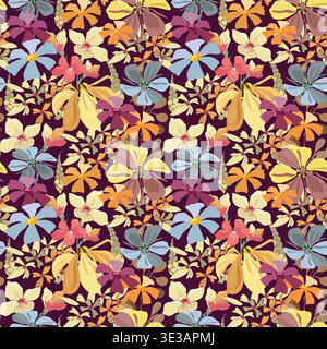 Seamless floral pattern with colorful wildflowers on dark background Stock Vector