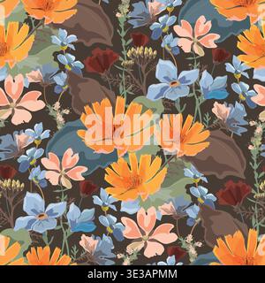 Seamless floral pattern with colorful wildflowers on dark background Stock Vector