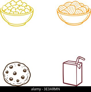 A simple line style illustration featuring various food and snack items Stock Vector