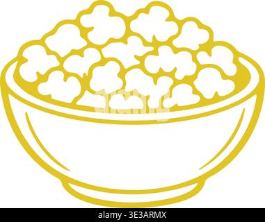 Clean line illustration of a round bowl filled to the top with fluffy popcorn kernels. Stock Vector