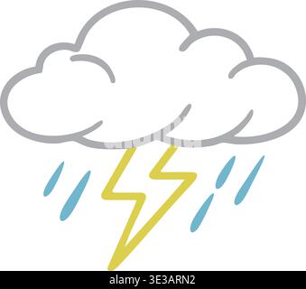 Simple weather icon illustration of a fluffy cloud with a lightning bolt and slanted rain lines below. Stock Vector