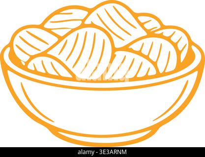 Clean line illustration of a round bowl filled with curved ridged potato chip slices. Stock Vector
