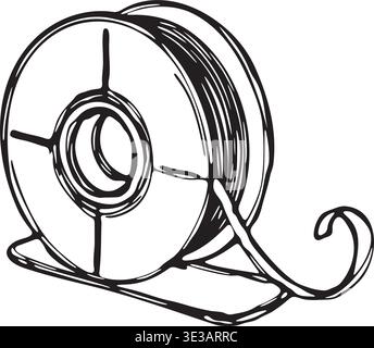 Detailed line illustration of a coiled extension cord reel on a floor stand with a loose cable extending outward. Stock Vector