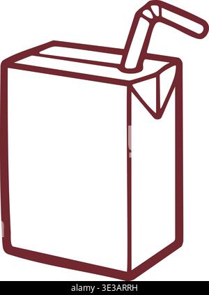 Clean line illustration of a rectangular drink carton with a folded top and bent straw inserted at the opening. Stock Vector