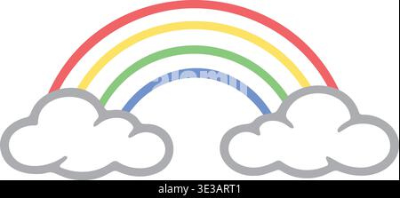Clean line illustration of a curved rainbow arching between two small clouds. Stock Vector