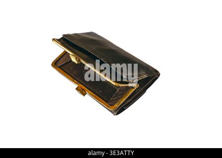 Old wornout leather purse without money inside, isolated over white background Stock Photo