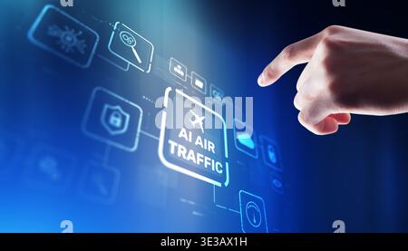 A businessman interacts with a glowing AI icon on a futuristic digital interface dashboard. Stock Photo
