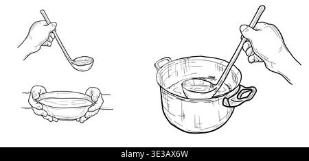 A hand holding a ladle next to a pot of soup, a plate in hand, hand-drawn sketch. Vector illustration. Simple line drawing, set isolated on a white Stock Vector