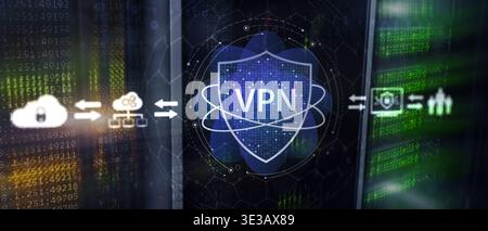VPN Cybersecurity Network Protection Concept with Digital Shield Interface and Server Infrastructure Background. Stock Photo