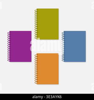 Closed spiral A4 notebook, realistic vector mock-up set. Wire bound colored cover notepad, mockup Stock Vector
