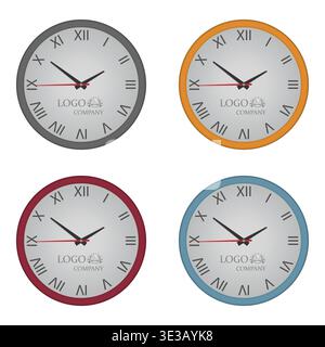 Wall clock with Roman numerals isolated on white background. Colored mock-up set - gray, blue, orange, burgundy rim. Vector template for design Stock Vector