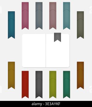 Flag shaped colored bookmark, vector mock-up set. Multicolored folded ribbon notebook page divider, template Stock Vector