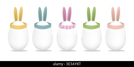 Set of blank eggs with funny Easter decorations of bunny ears pastel colors isolated on white background, vector illustration Stock Vector