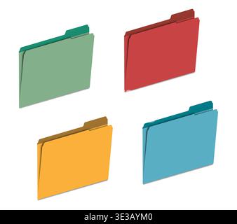 Multicolored blank tabbed file folders, vector template. Colored folder with tab, mock-up set Stock Vector