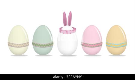 Set of blank eggs pastel colors with cute Easter decorations, vector illustration Stock Vector