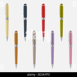 Colored metal pen isolated on gray background, vector mockup set Stock Vector