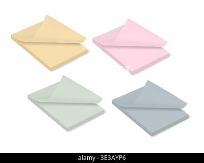 Colored sticky note pad set with bent sheet corner isolated on white background, vector mockup. Paper block stack with page curl, mock-up Stock Vector