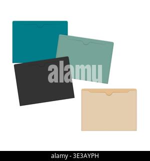 Multicolored blank file jackets with straight cut tabs, vector mockup. Colored flat document envelope for letter size paper, template set Stock Vector