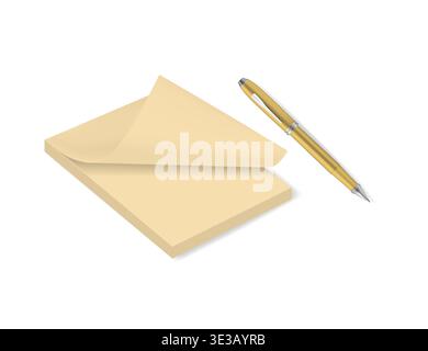 Yellow notepad with page curl and ballpoint pen, vector mockup Stock Vector