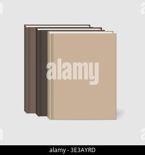 Closed hardcover books standing on the table, realistic vector mock-up. Blank brown notebook set, template Stock Vector